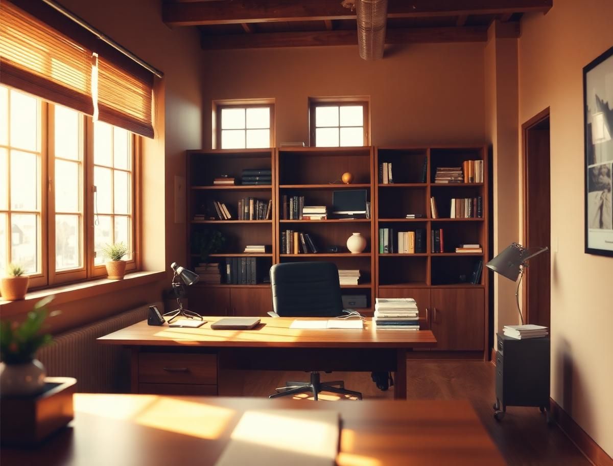 A warm, sunlit office interior with bookshelves and a wooden desk