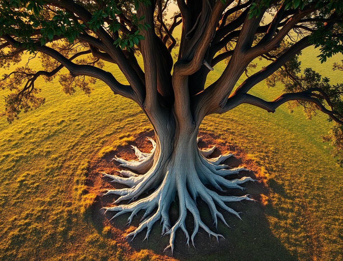 Aerial view of a mature oak tree with deep roots, symbolizing permanence