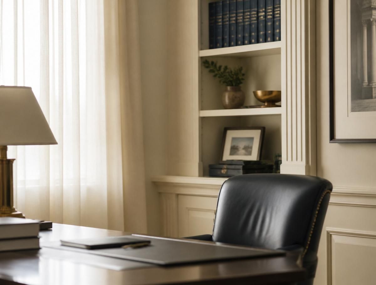 A quiet, sunlit private office with navy leather chair and bookshelves