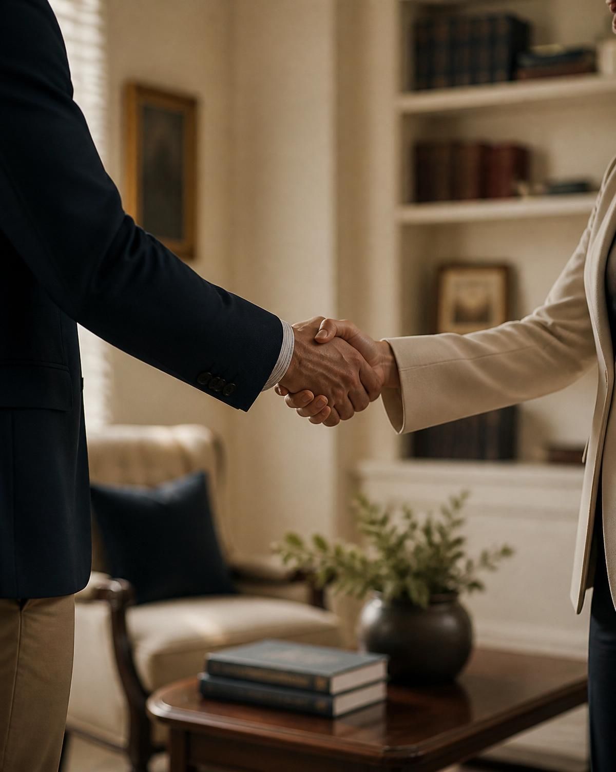 Two professionals shaking hands in a quiet office setting