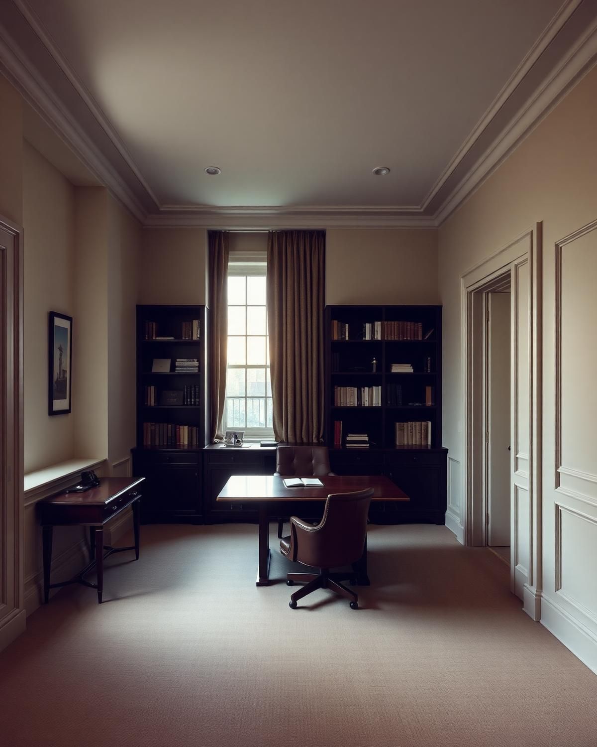 A quiet private office at dusk