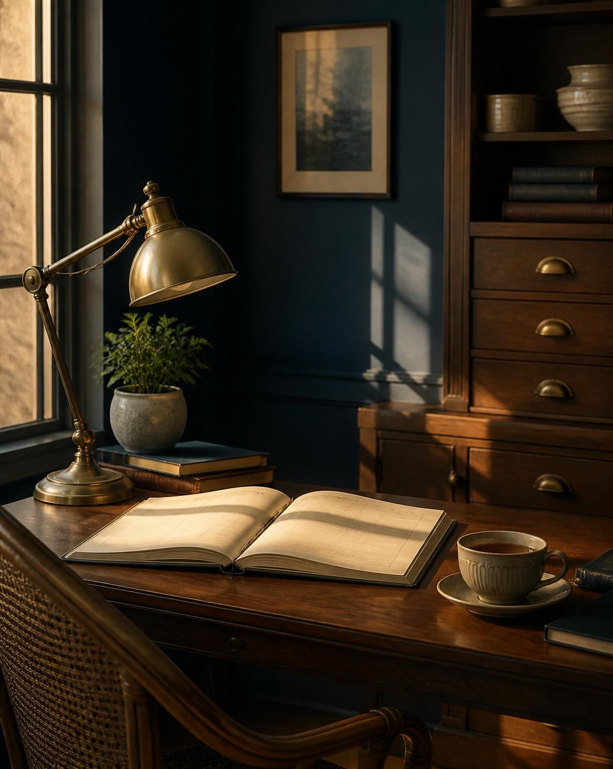 A well-organized desk with ledgers and a brass lamp at golden hour