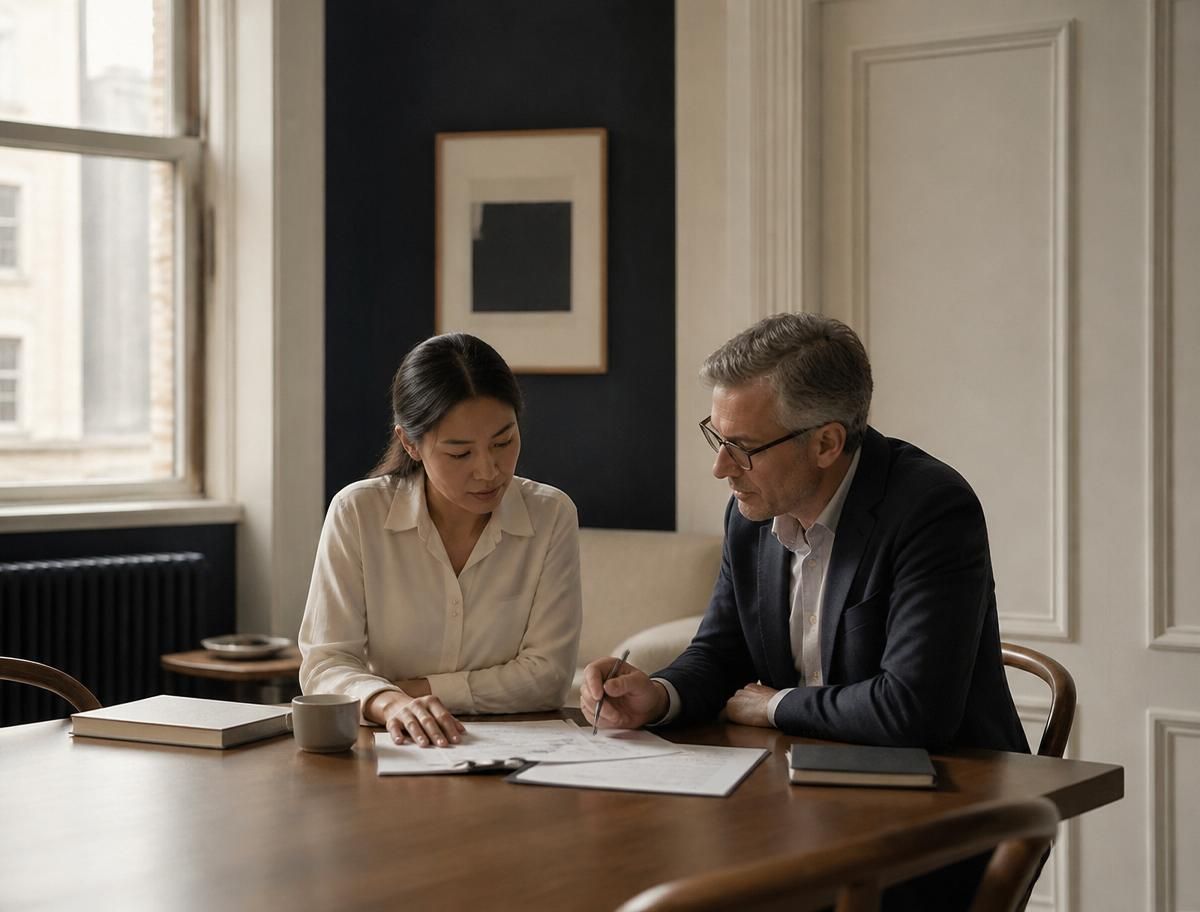 Two professionals reviewing documents together at a wooden table